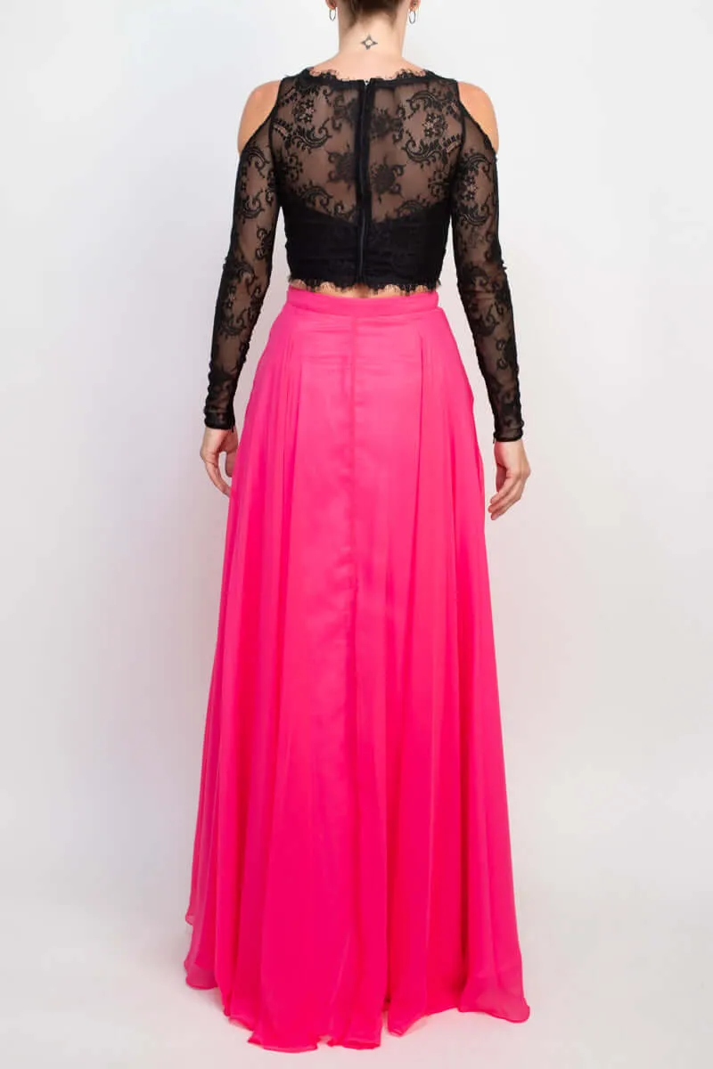Dave & Johnny Scalloped Neck Cutout Shoulder Illusion Zipper Back Lace Bodice Chiffon Dress