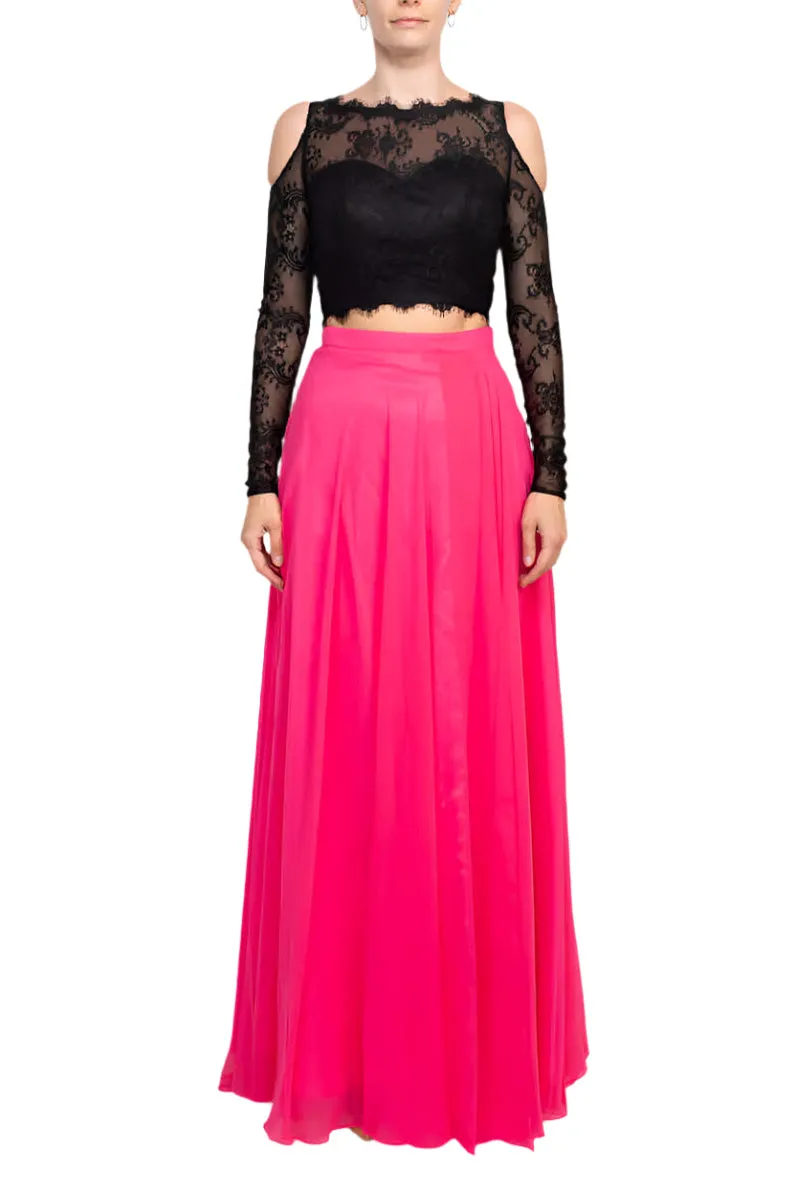 Dave & Johnny Scalloped Neck Cutout Shoulder Illusion Zipper Back Lace Bodice Chiffon Dress
