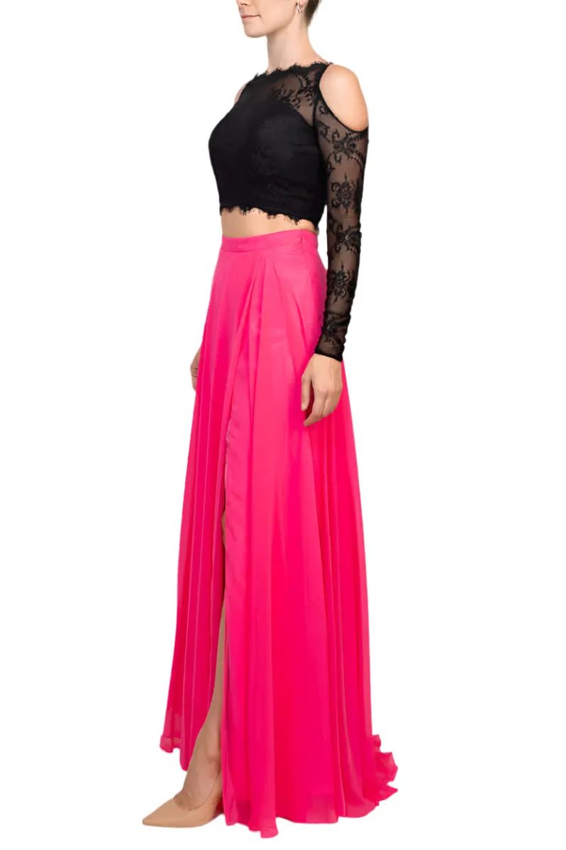 Dave & Johnny Scalloped Neck Cutout Shoulder Illusion Zipper Back Lace Bodice Chiffon Dress