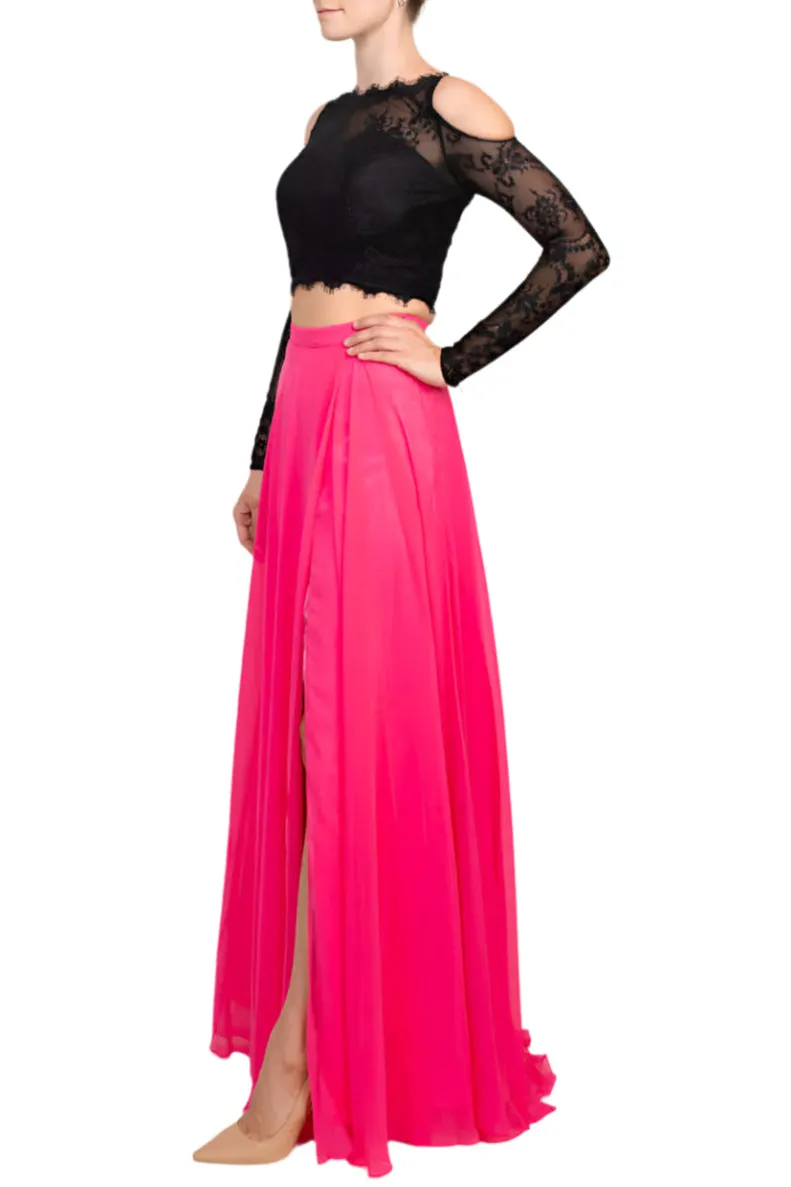 Dave & Johnny Scalloped Neck Cutout Shoulder Illusion Zipper Back Lace Bodice Chiffon Dress