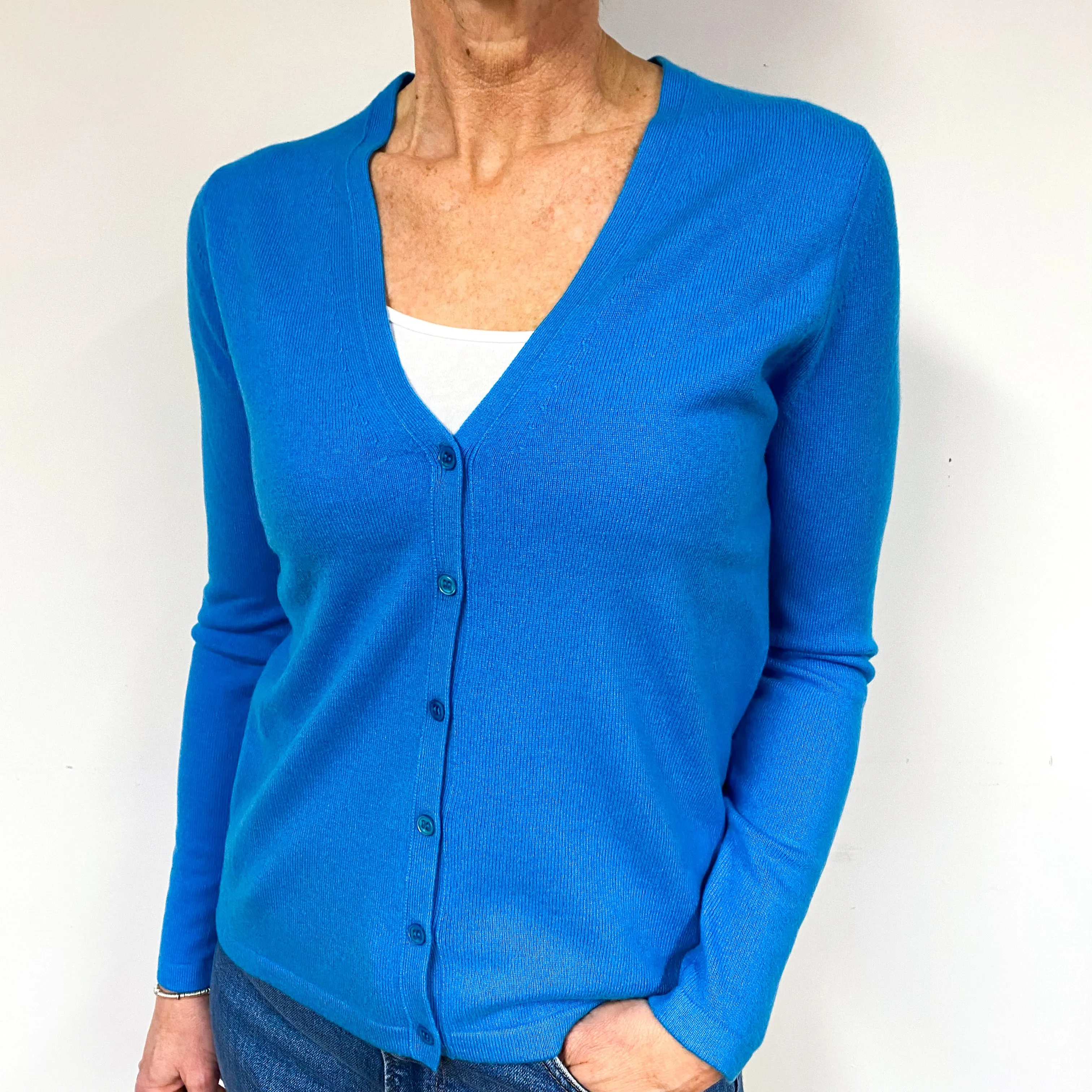 Deep Aqua Blue Cashmere V- Neck  Cardigan Medium