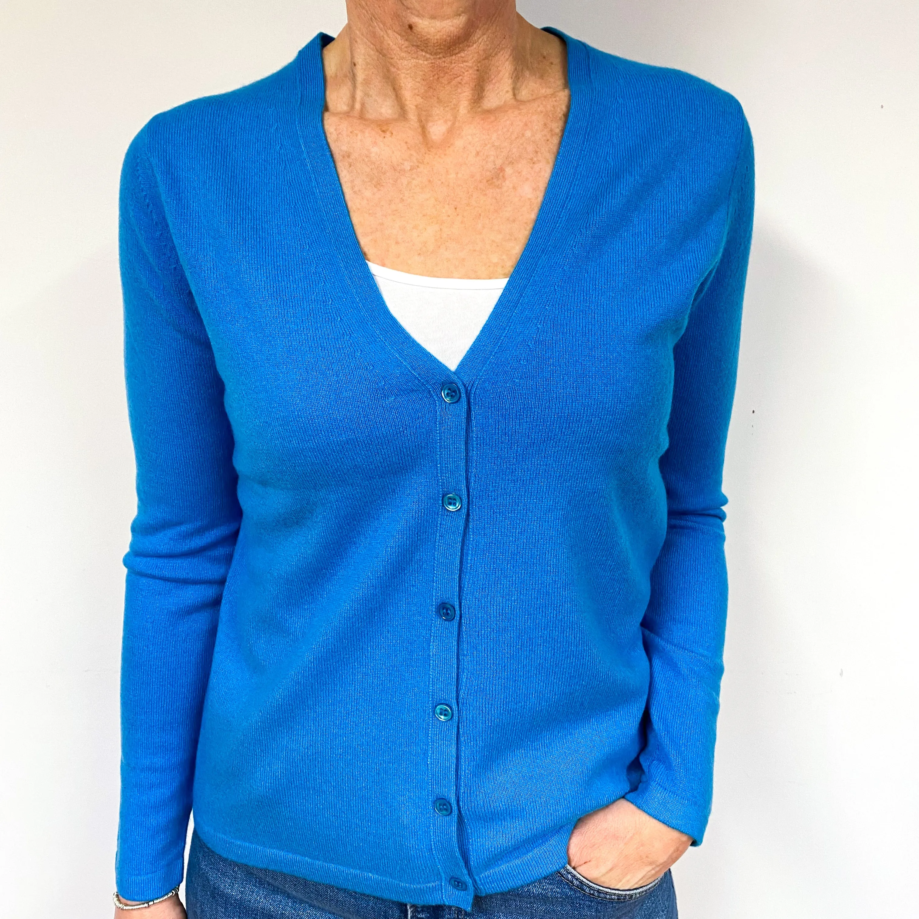 Deep Aqua Blue Cashmere V- Neck  Cardigan Medium