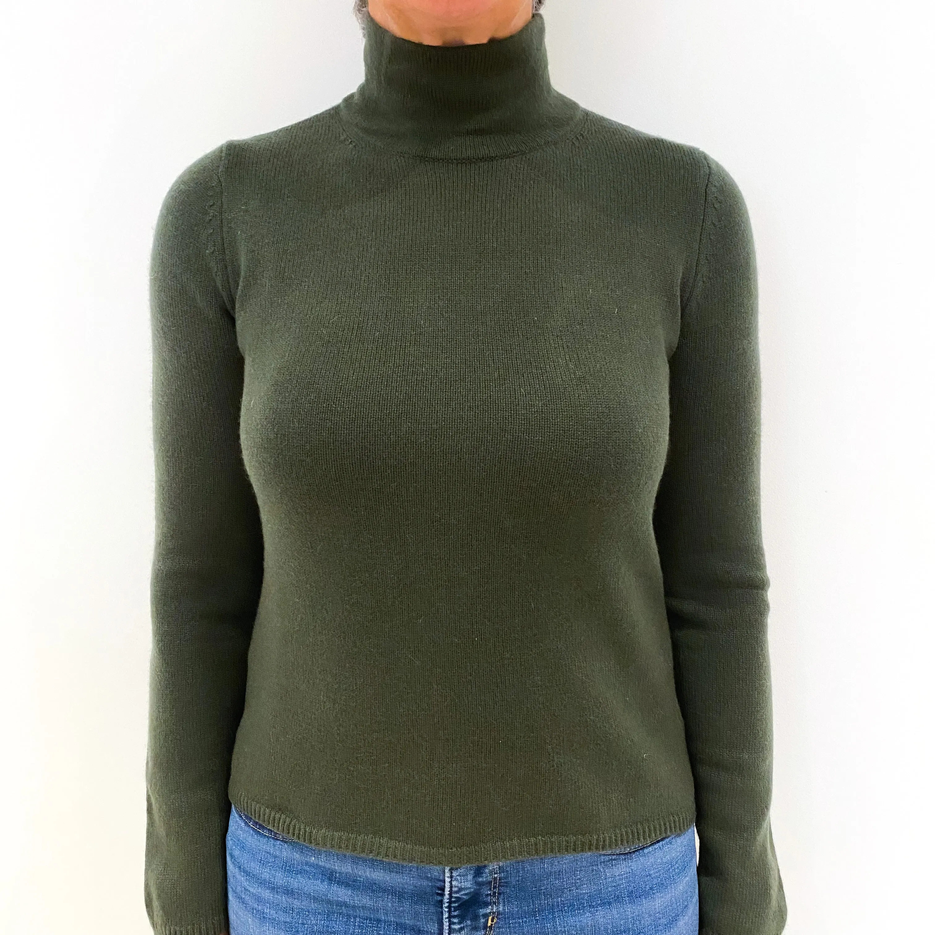 Deep Khaki Green Cashmere Turtle Neck Jumper Medium