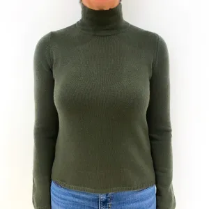 Deep Khaki Green Cashmere Turtle Neck Jumper Medium