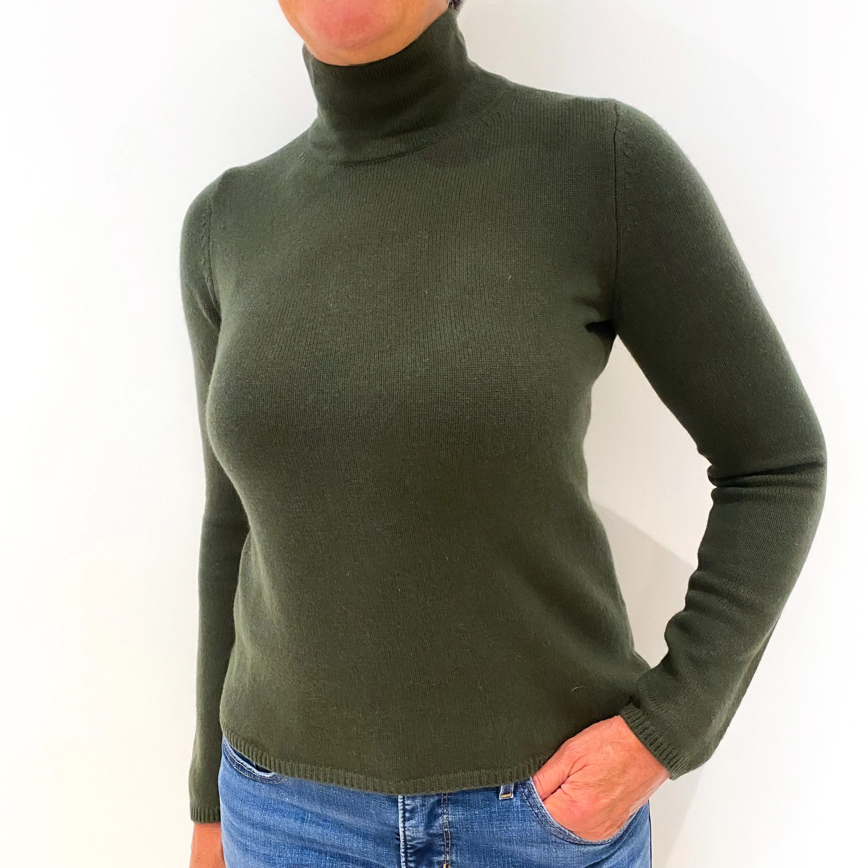 Deep Khaki Green Cashmere Turtle Neck Jumper Medium