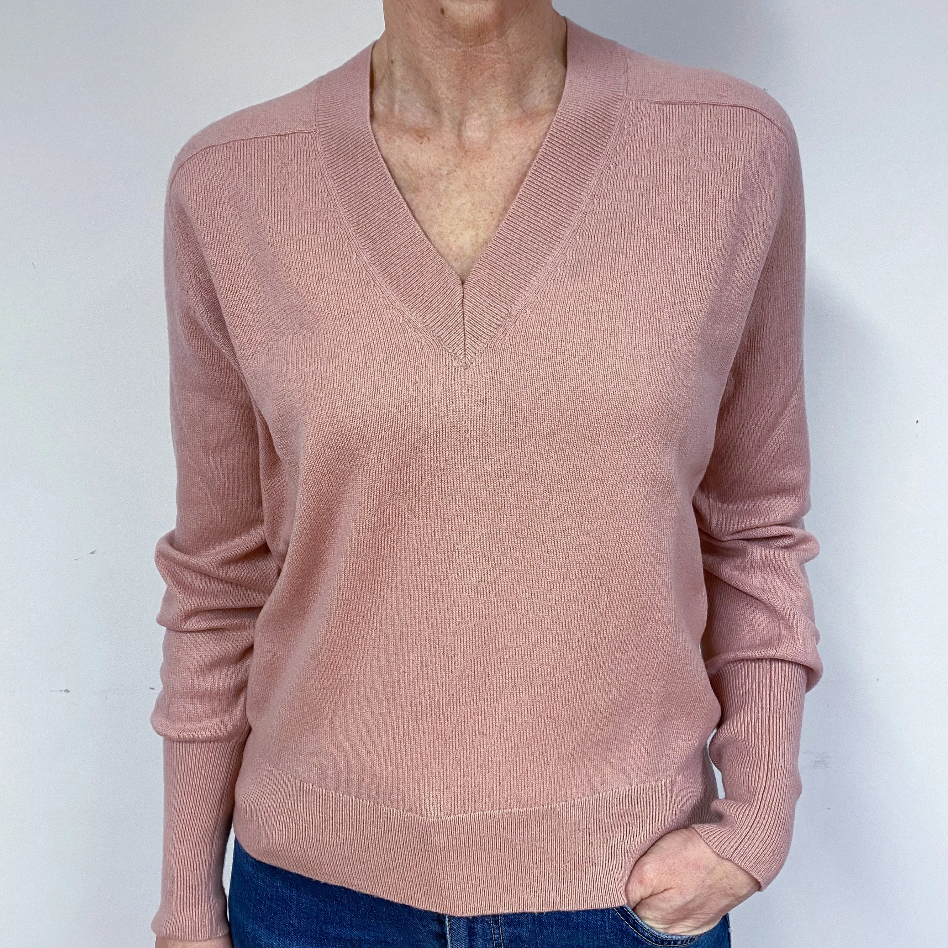 Designer Blush Pink Cashmere V-Neck Jumper Medium