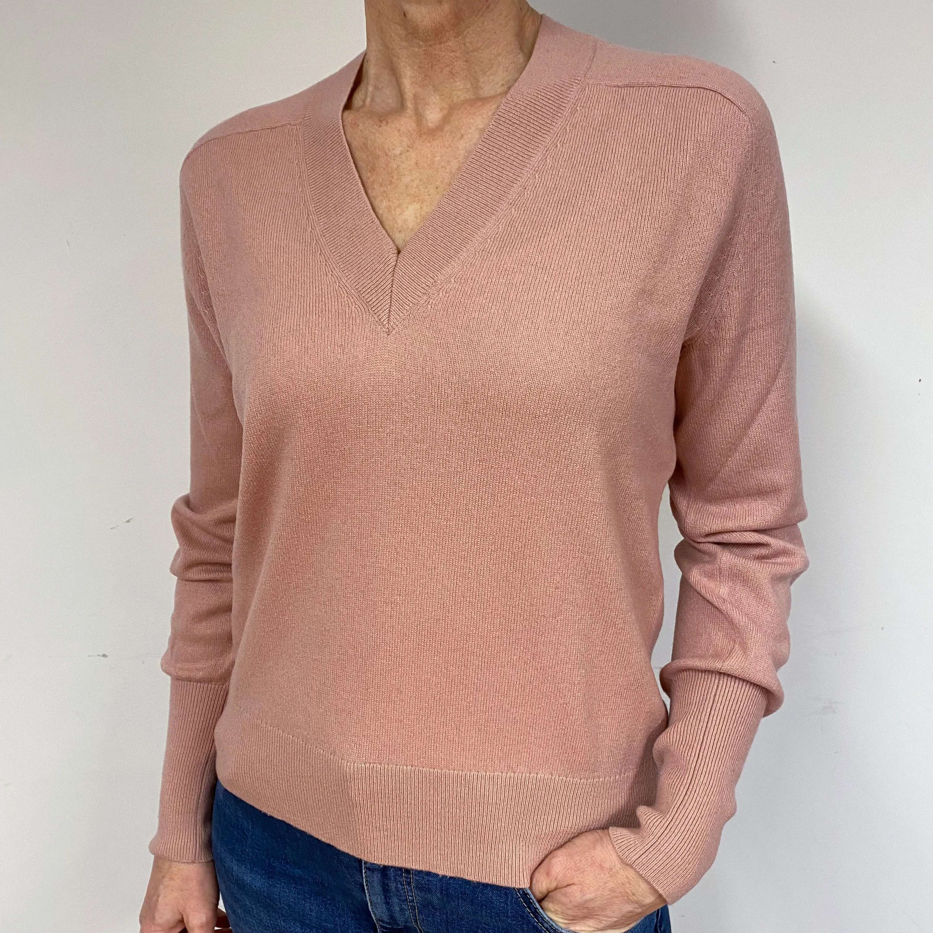 Designer Blush Pink Cashmere V-Neck Jumper Medium