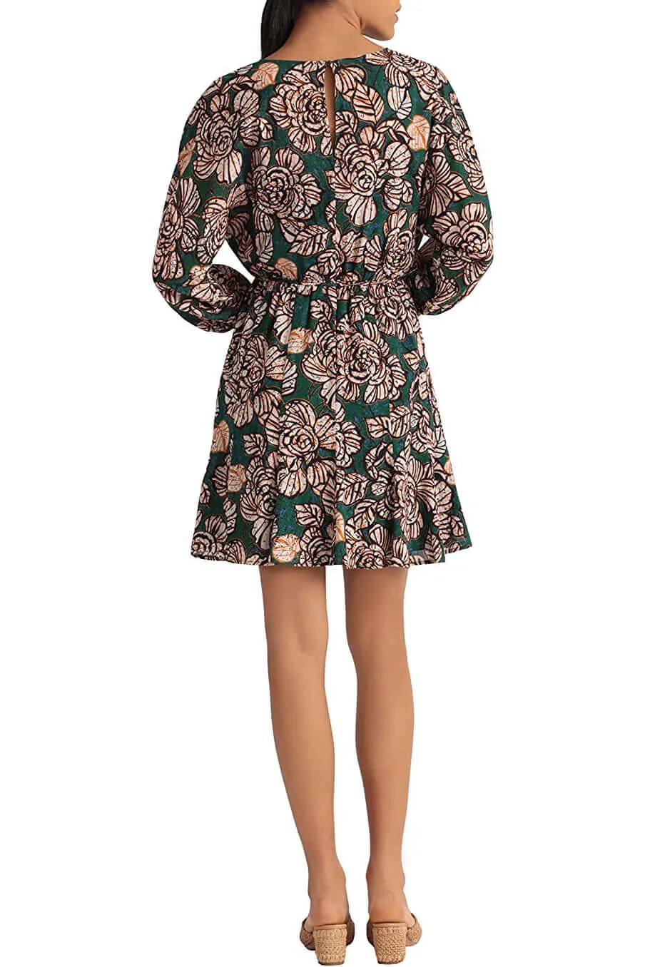 Donna Morgan Crew Neck Long Sleeve Tie Waist Floral Print Keyhole Back Polyester Dress