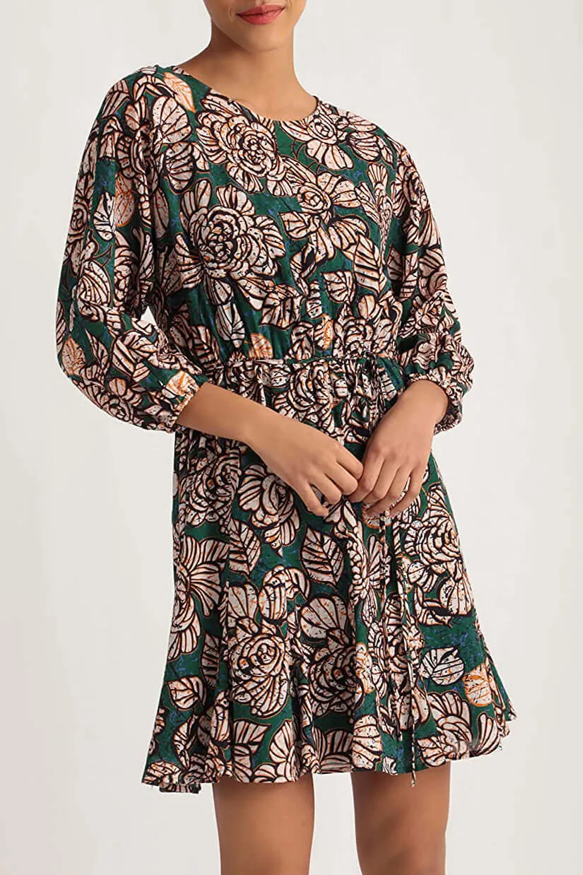 Donna Morgan Crew Neck Long Sleeve Tie Waist Floral Print Keyhole Back Polyester Dress