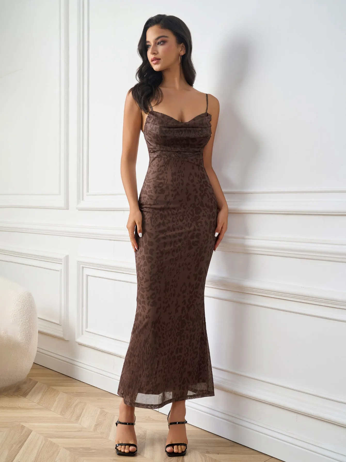 Draped Bust Backless Mesh Print Cami Dress