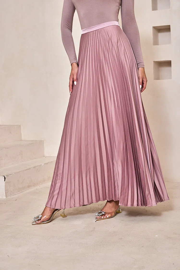 Dusty Pink Satin Pleated Maxi Skirt
