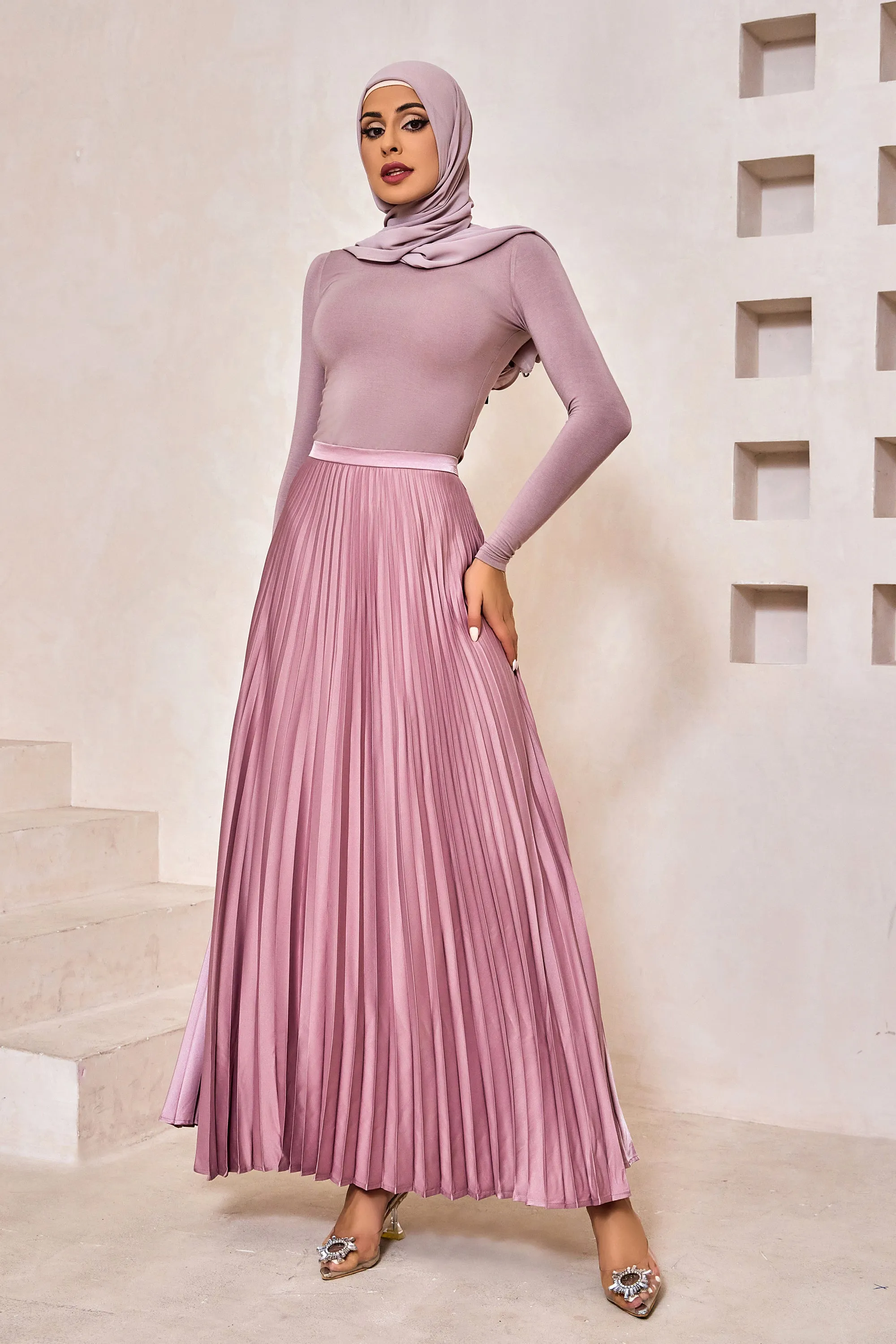 Dusty Pink Satin Pleated Maxi Skirt