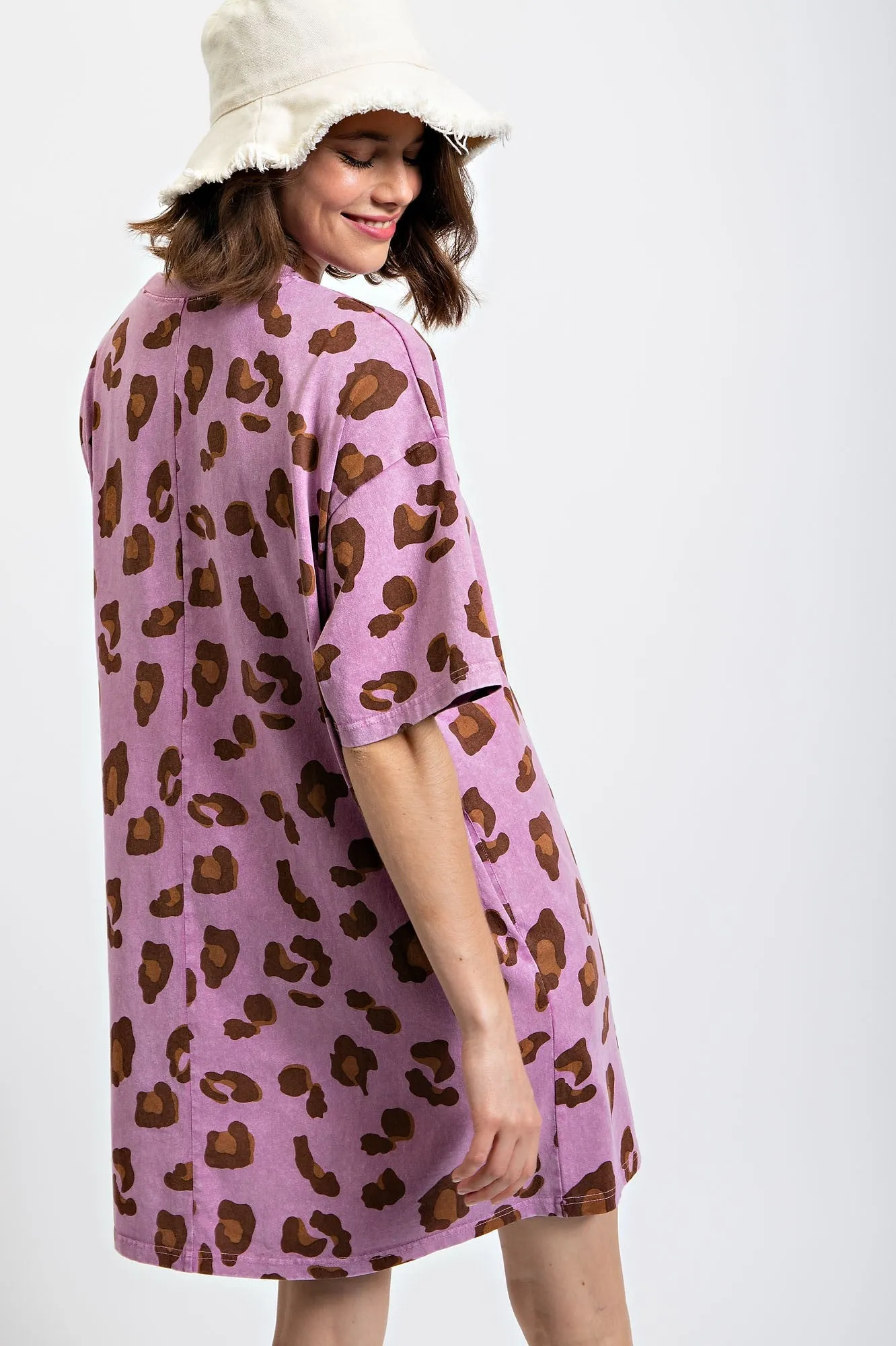 Easel Leopard Animal Print T-Shirt Dress in Acai Berry