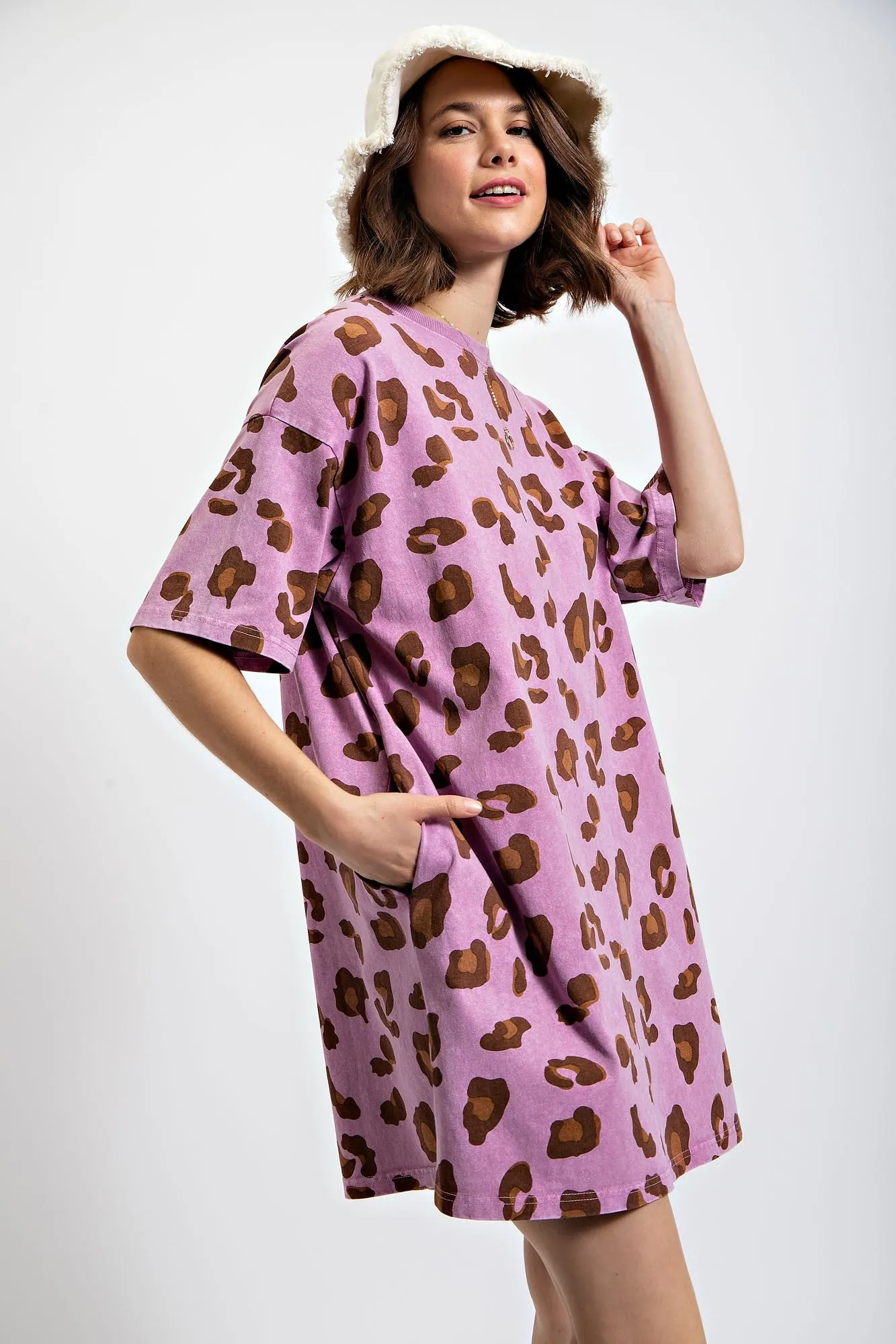 Easel Leopard Animal Print T-Shirt Dress in Acai Berry