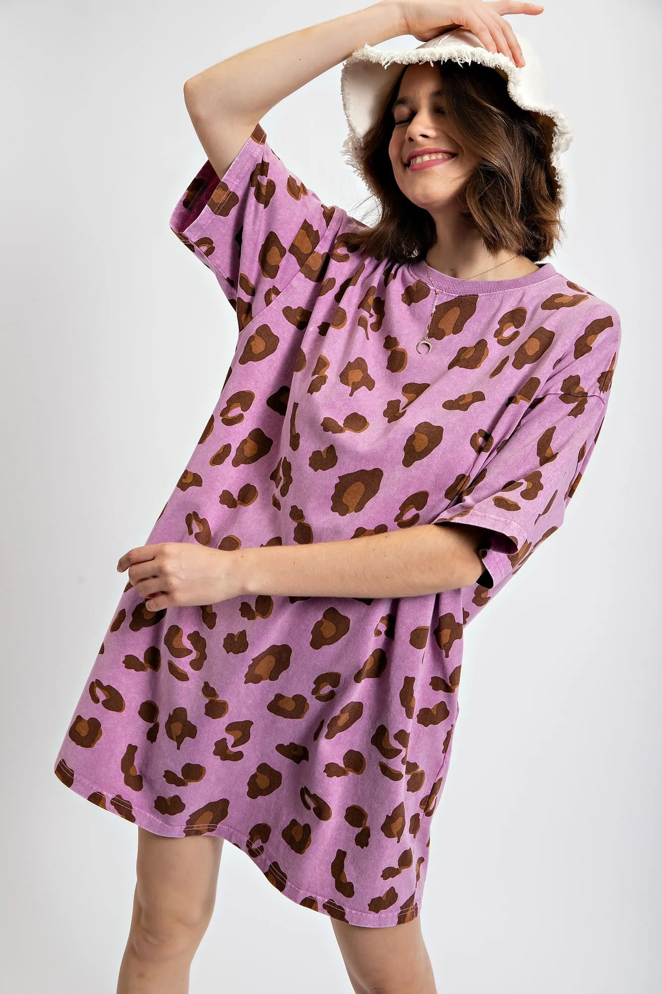 Easel Leopard Animal Print T-Shirt Dress in Acai Berry