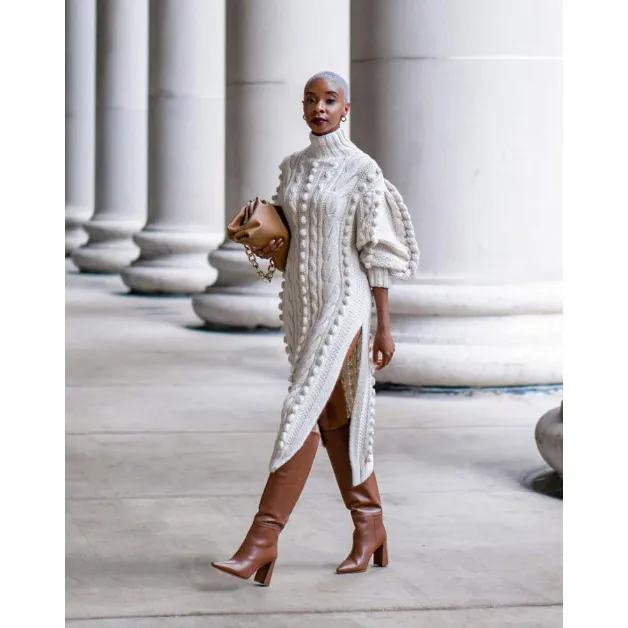 Elegant Cable Knit Casual Turtle Neck Puff Sleeve Knit Duster Long Sweater Dress Winter Maxi Dress