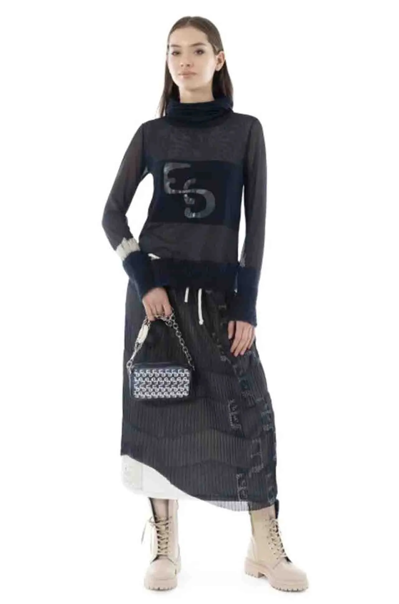 Elisa Cavaletti - Blue Pleated Skirt w/ Beige Details