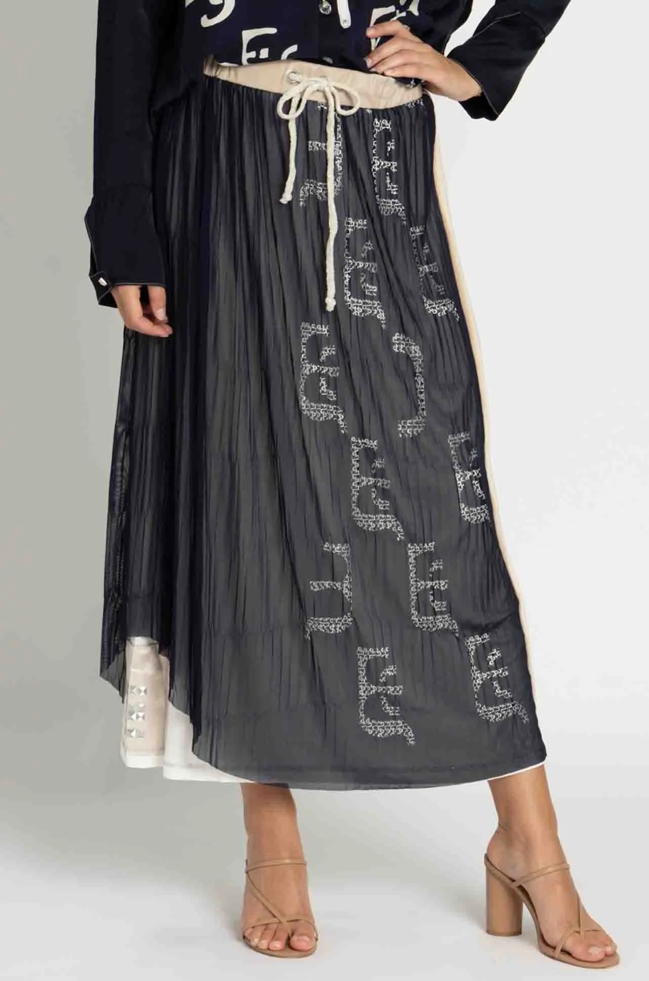 Elisa Cavaletti - Blue Pleated Skirt w/ Beige Details