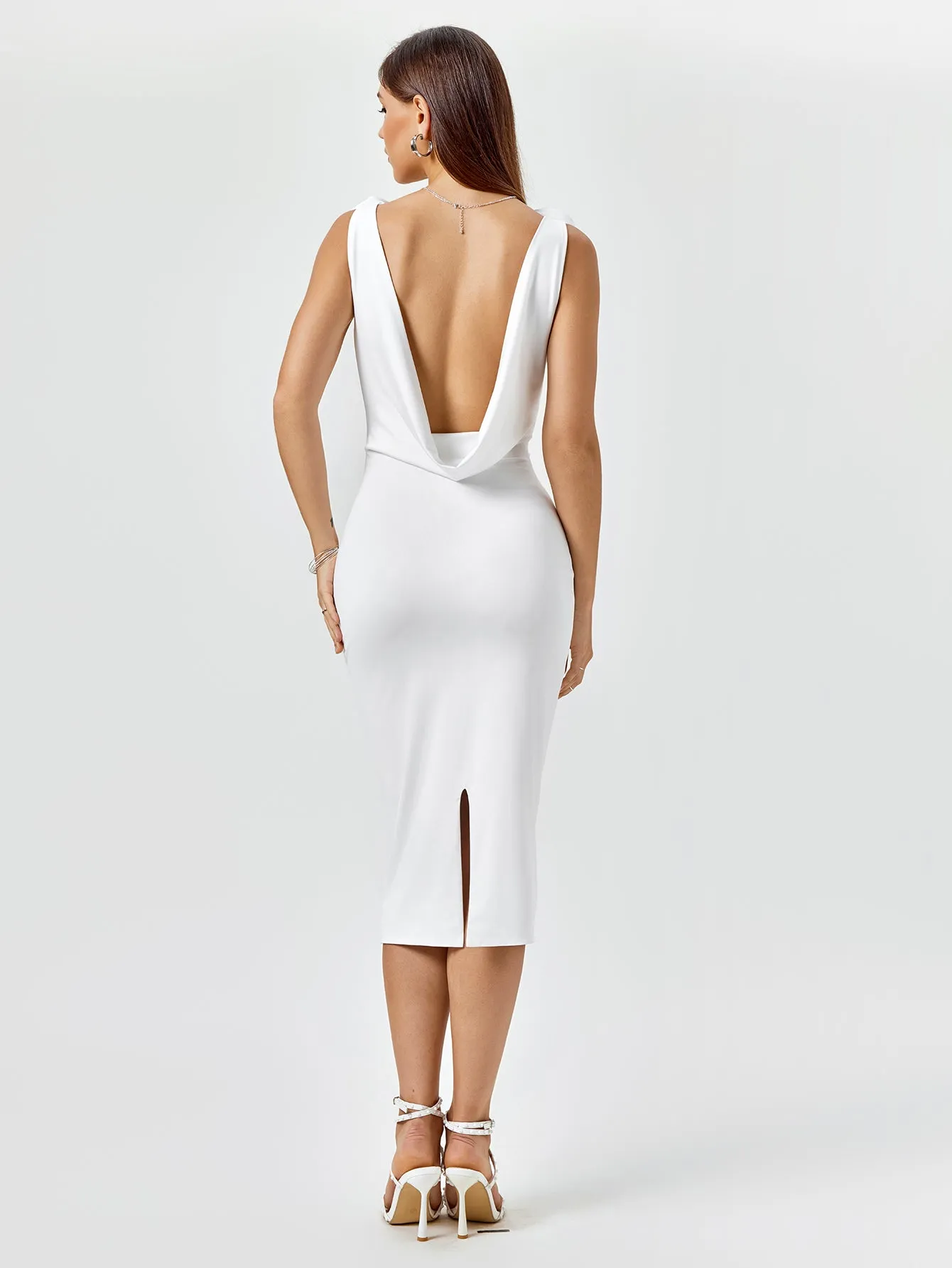 Embellished V-Neck Draped Back Midi Dress