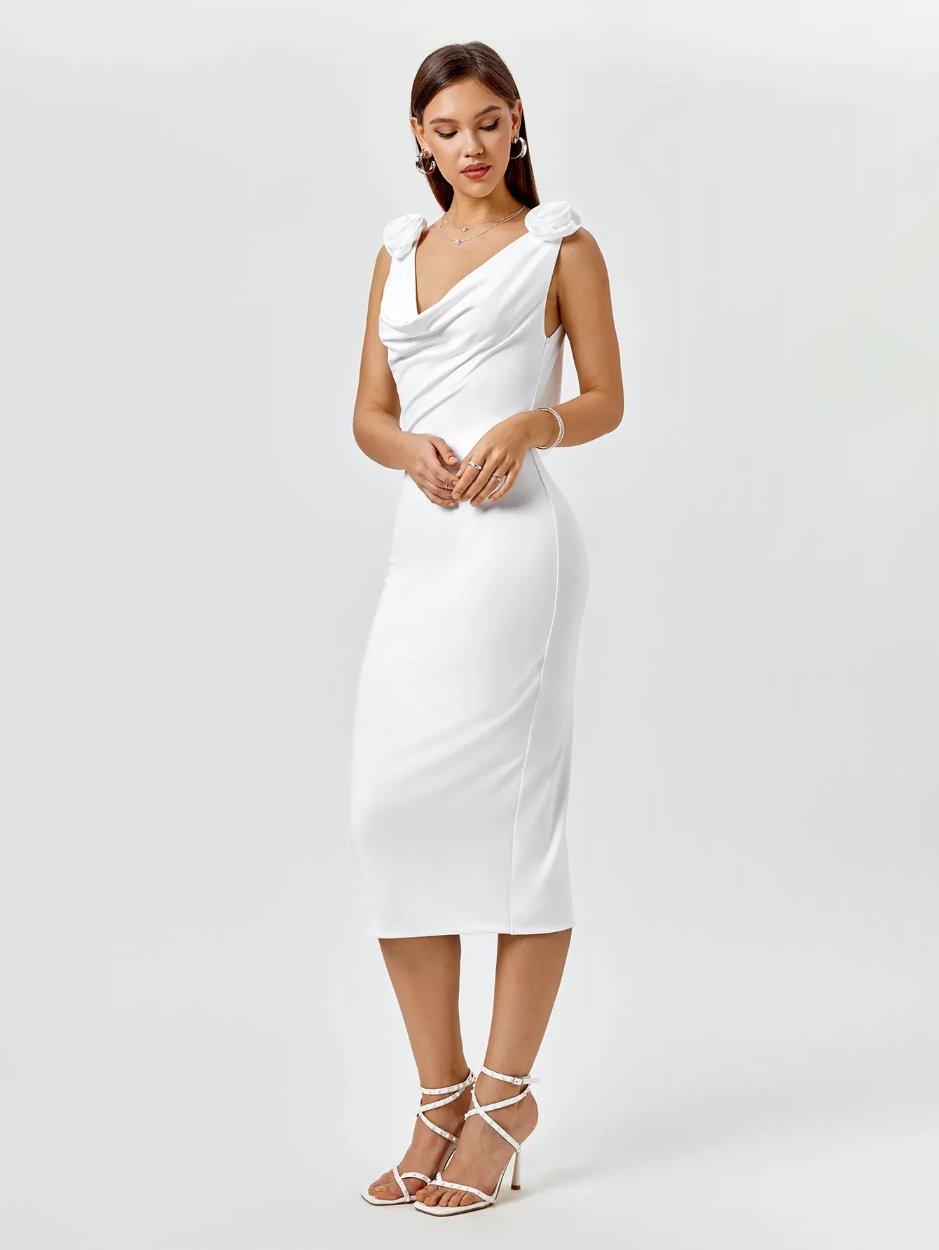 Embellished V-Neck Draped Back Midi Dress