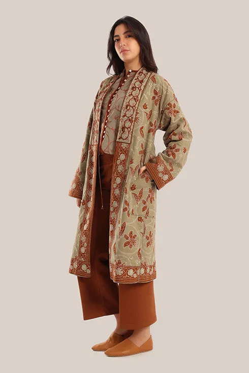 Embroidered reversible long-sleeve cotton coat