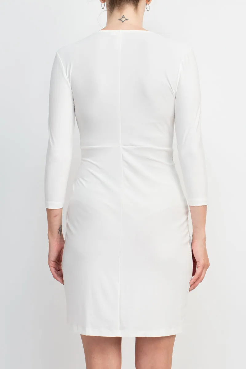 Emma & Michele V-Neck Gathered Front 3/4 Sleeve Solid Jersey Dress
