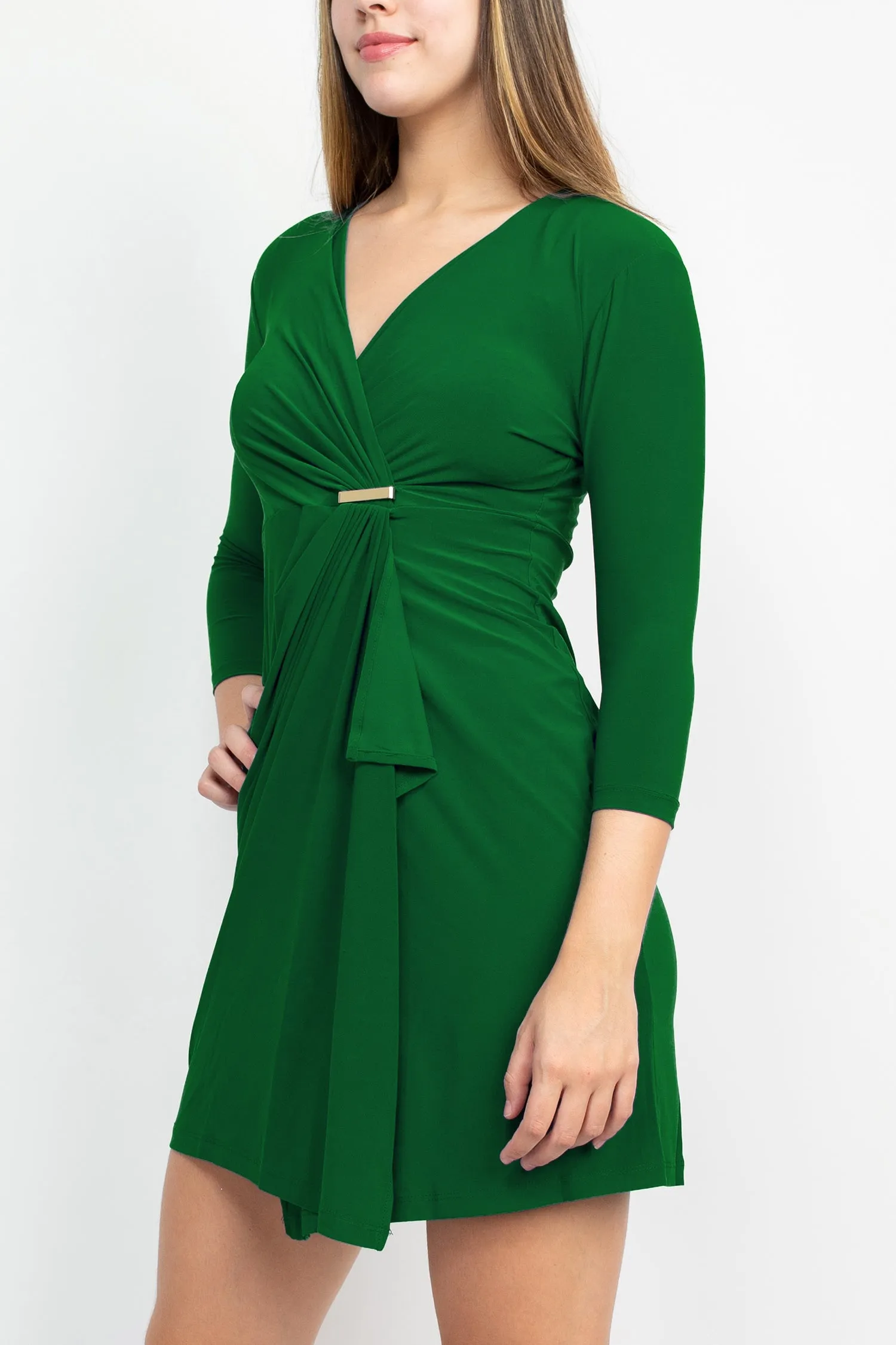 Emma & Michele V-Neck Gathered Front 3/4 Sleeve Solid Jersey Dress