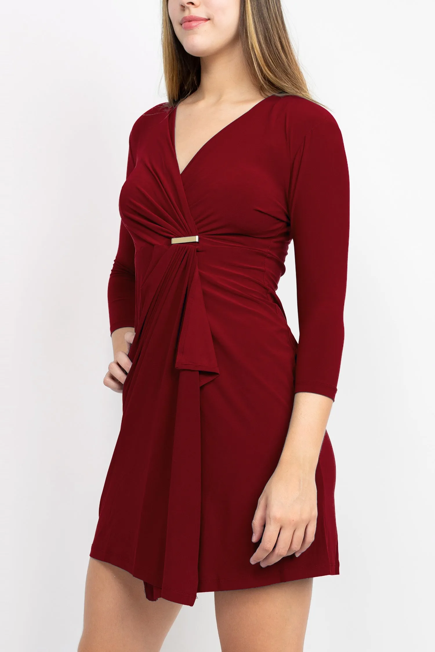 Emma & Michele V-Neck Gathered Front 3/4 Sleeve Solid Jersey Dress