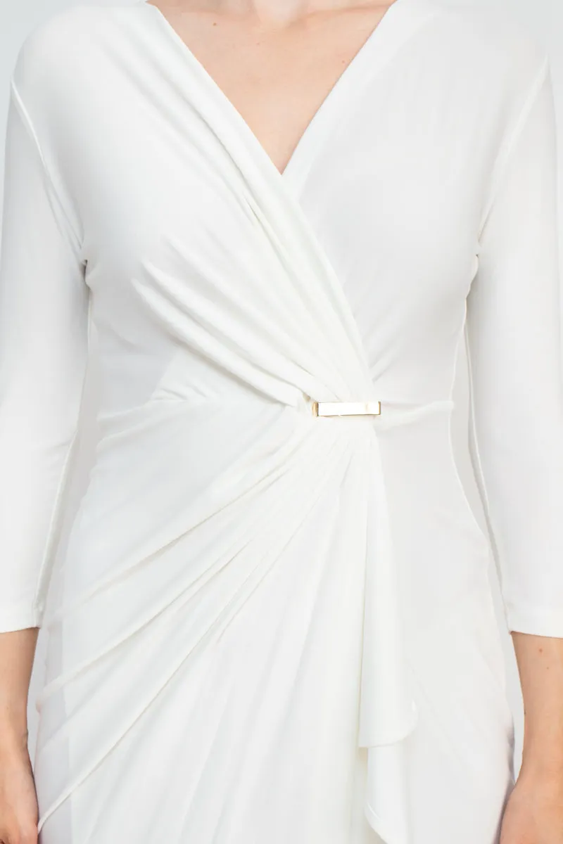Emma & Michele V-Neck Gathered Front 3/4 Sleeve Solid Jersey Dress
