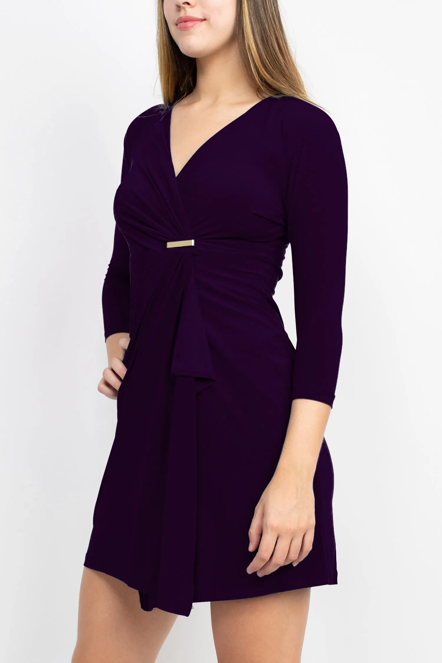Emma & Michele V-Neck Gathered Front 3/4 Sleeve Solid Jersey Dress