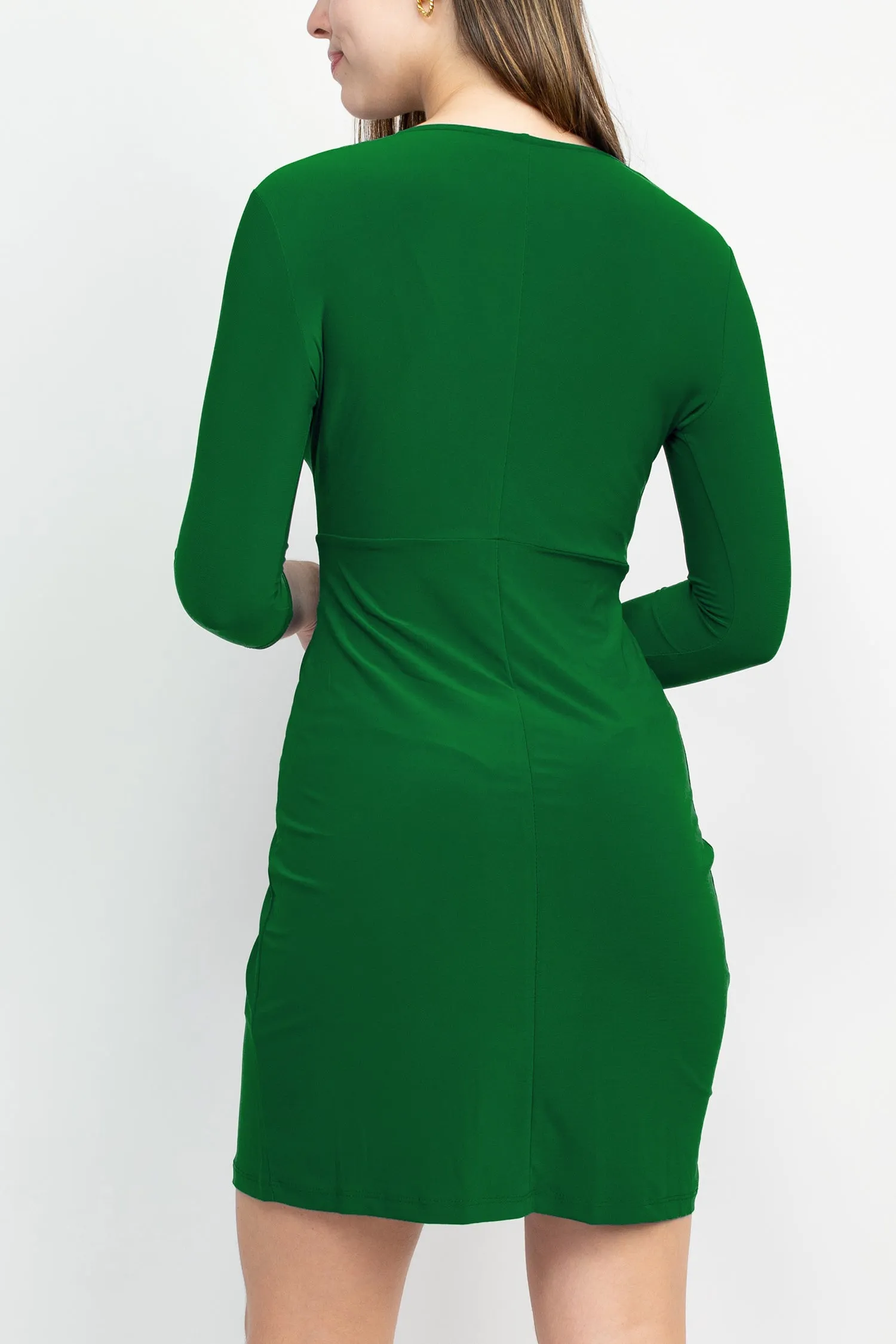 Emma & Michele V-Neck Gathered Front 3/4 Sleeve Solid Jersey Dress