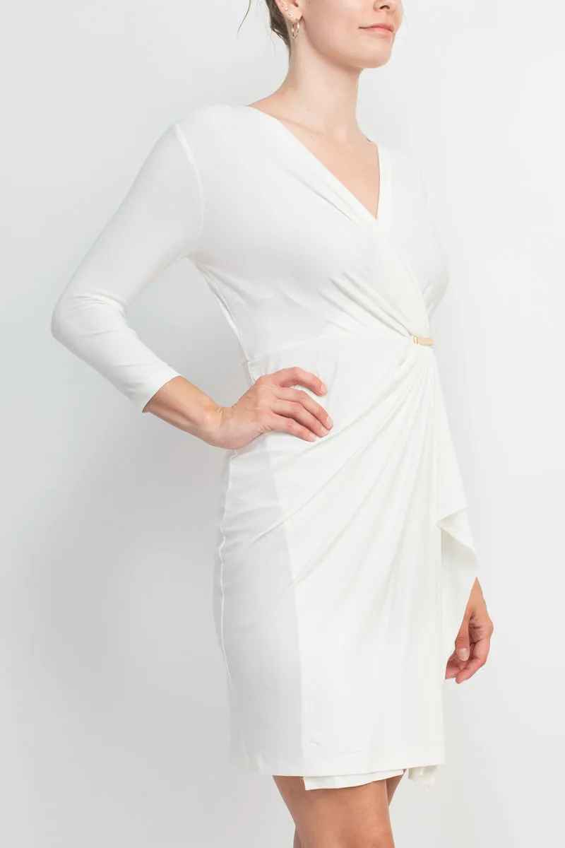 Emma & Michele V-Neck Gathered Front 3/4 Sleeve Solid Jersey Dress