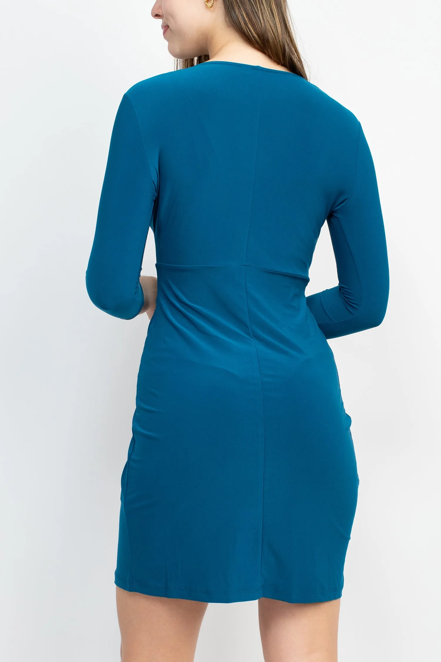Emma & Michele V-Neck Gathered Front 3/4 Sleeve Solid Jersey Dress