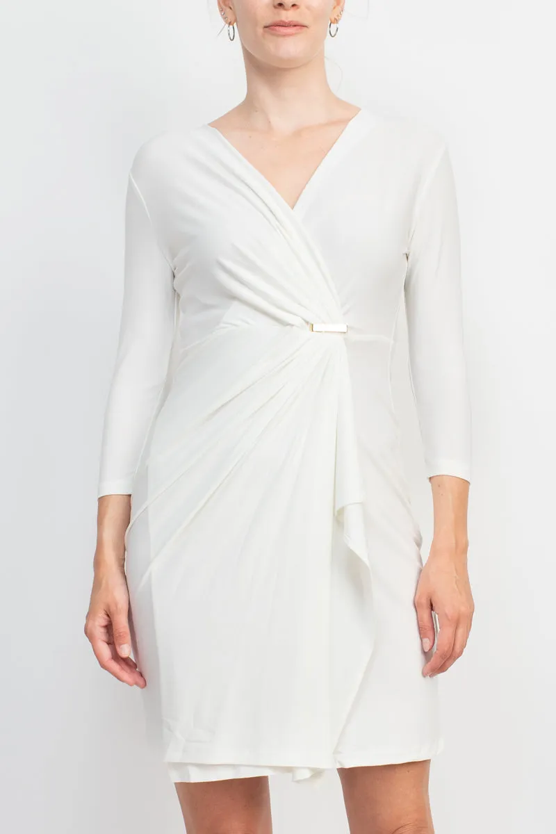 Emma & Michele V-Neck Gathered Front 3/4 Sleeve Solid Jersey Dress