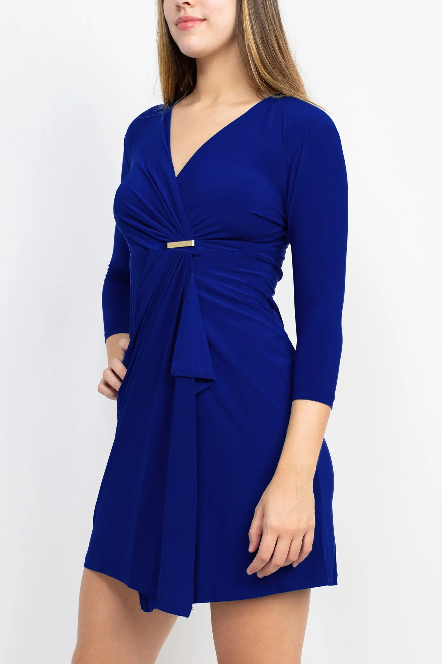 Emma & Michele V-Neck Gathered Front 3/4 Sleeve Solid Jersey Dress