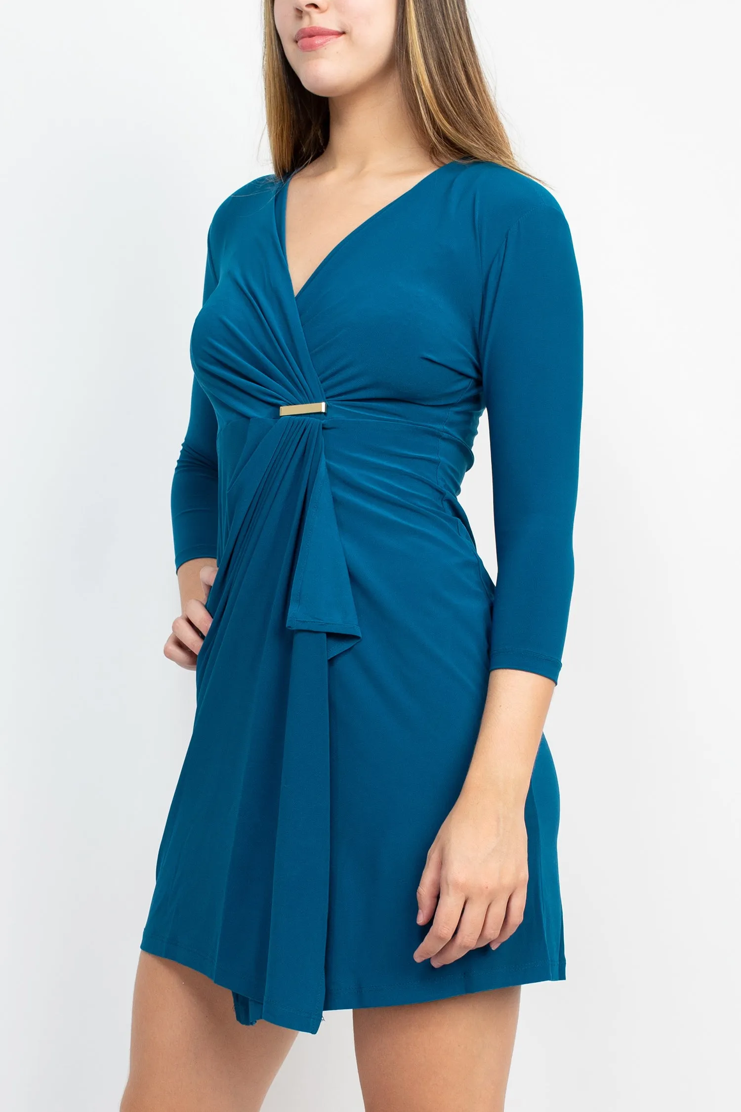 Emma & Michele V-Neck Gathered Front 3/4 Sleeve Solid Jersey Dress