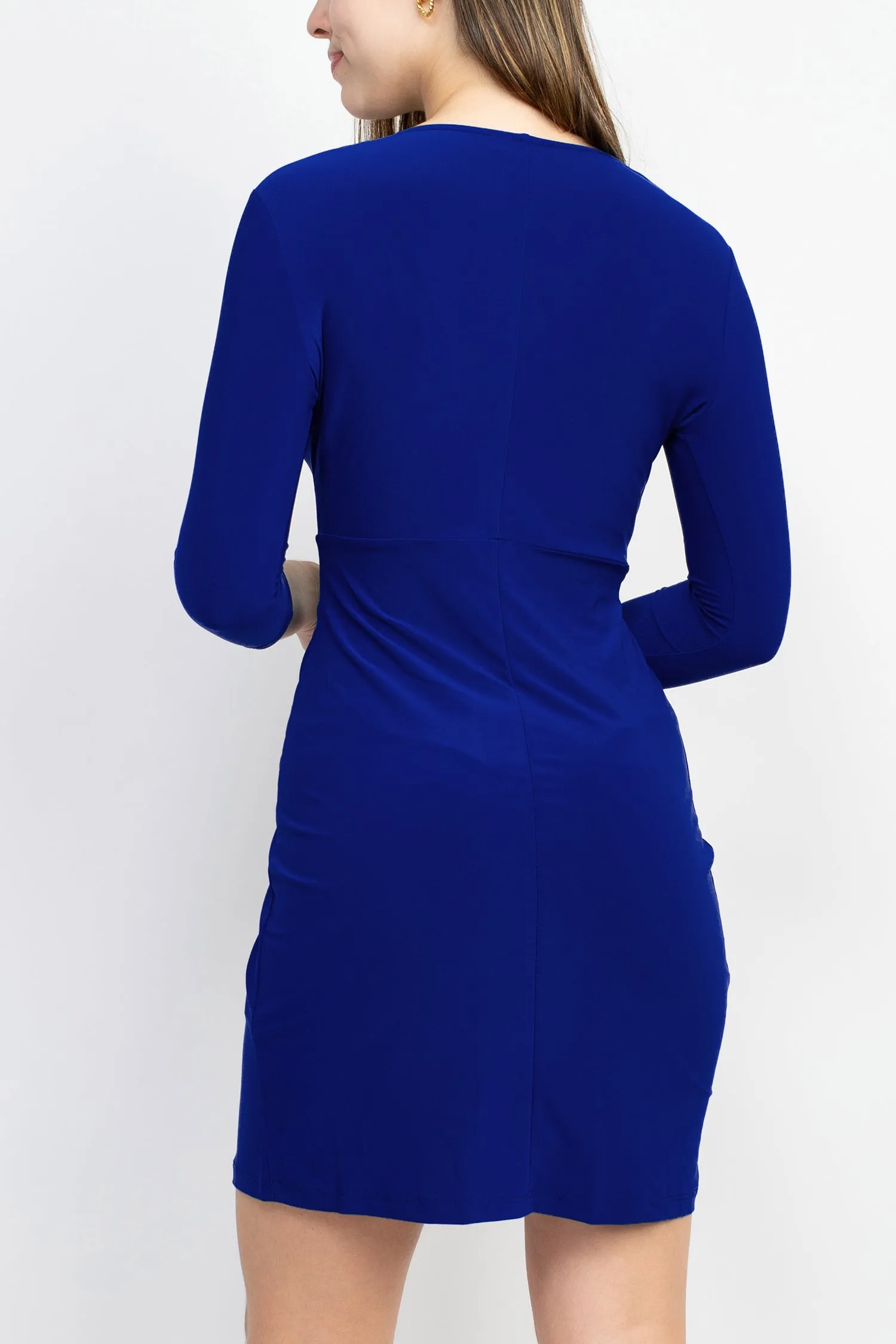 Emma & Michele V-Neck Gathered Front 3/4 Sleeve Solid Jersey Dress