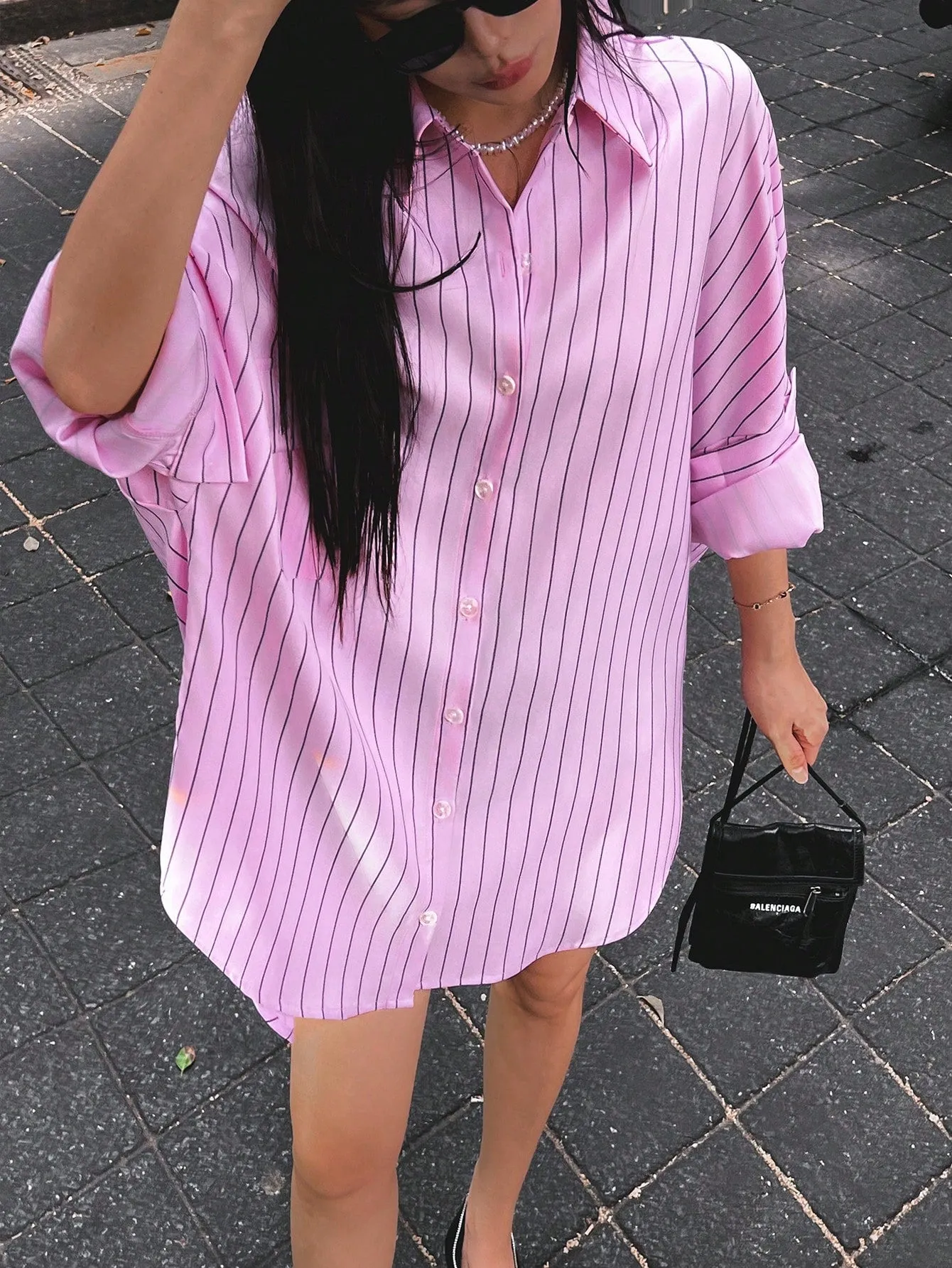 Essnce Casual Striped Dropped Shoulder Pocket Shirt Dress