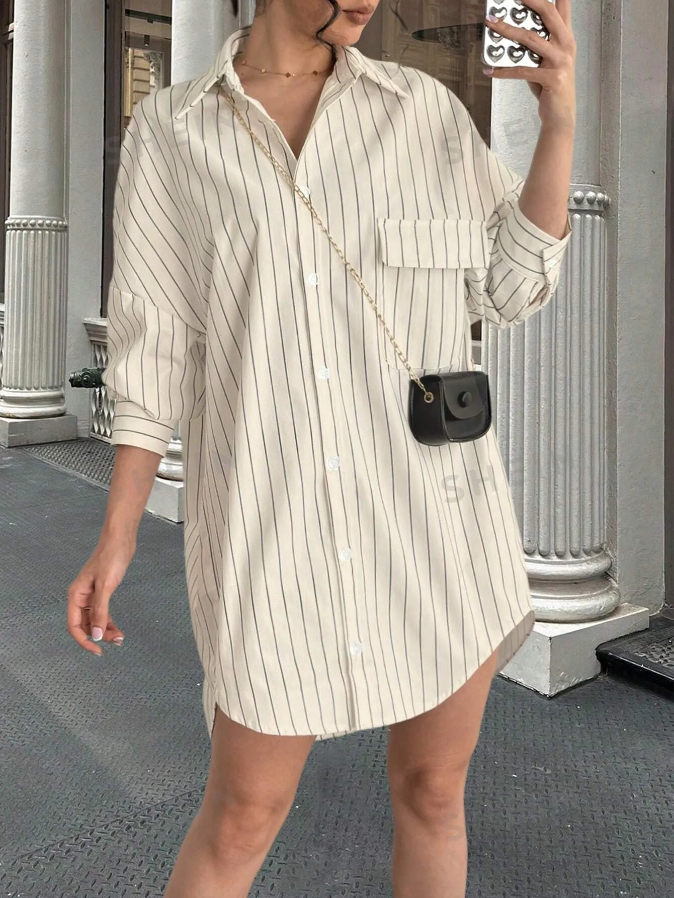 Essnce Casual Striped Dropped Shoulder Pocket Shirt Dress