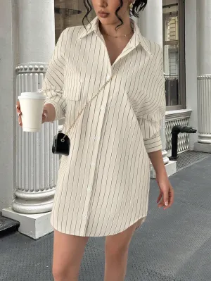 Essnce Casual Striped Dropped Shoulder Pocket Shirt Dress