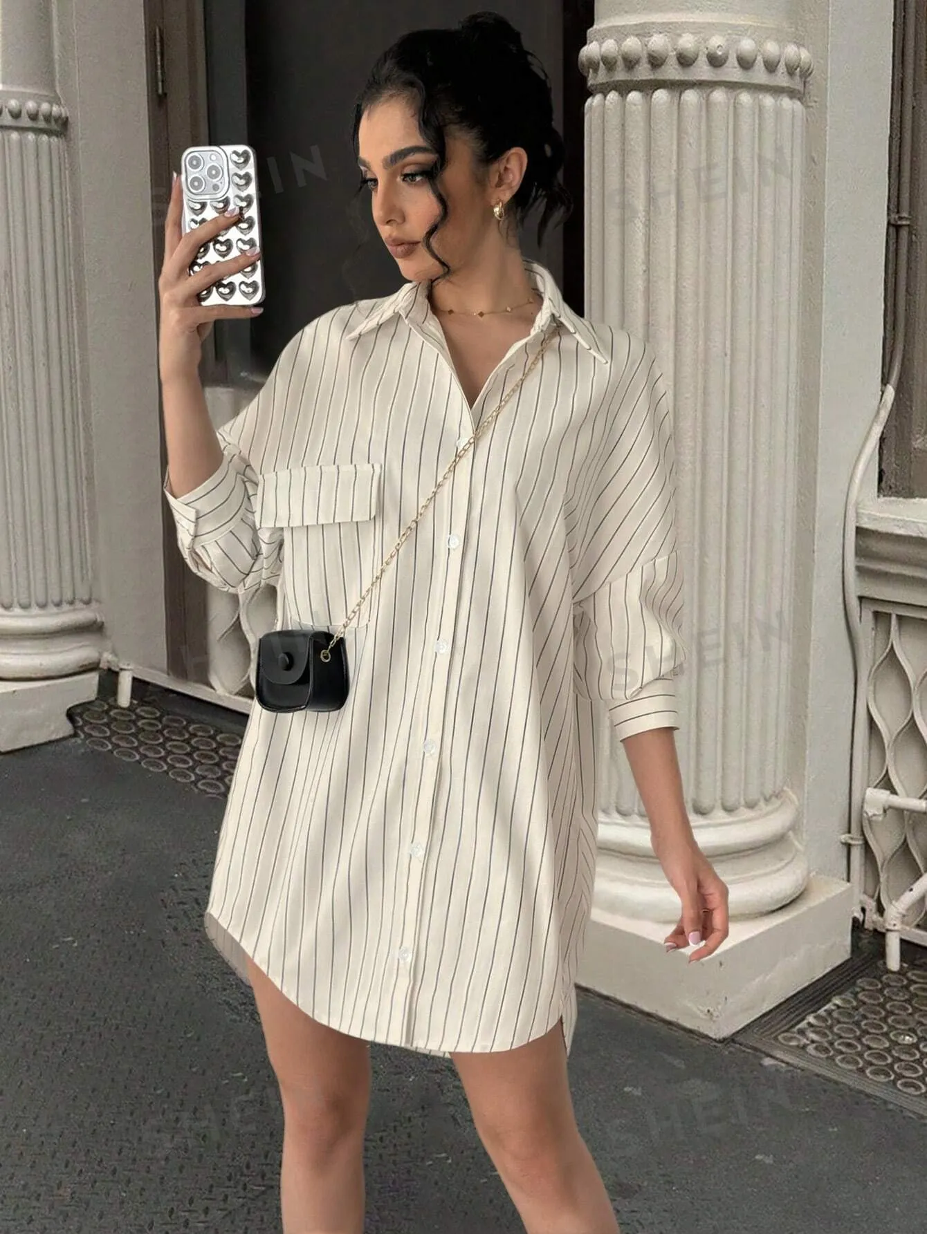 Essnce Casual Striped Dropped Shoulder Pocket Shirt Dress