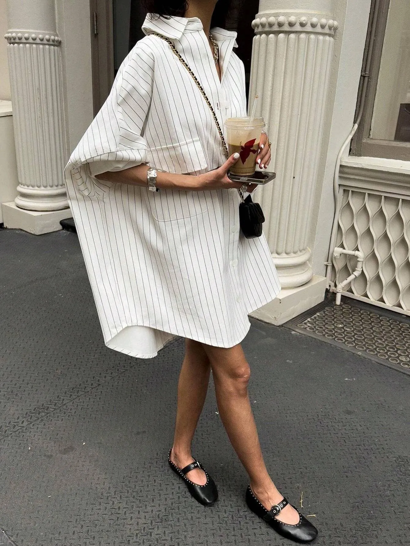 Essnce Casual Striped Dropped Shoulder Pocket Shirt Dress