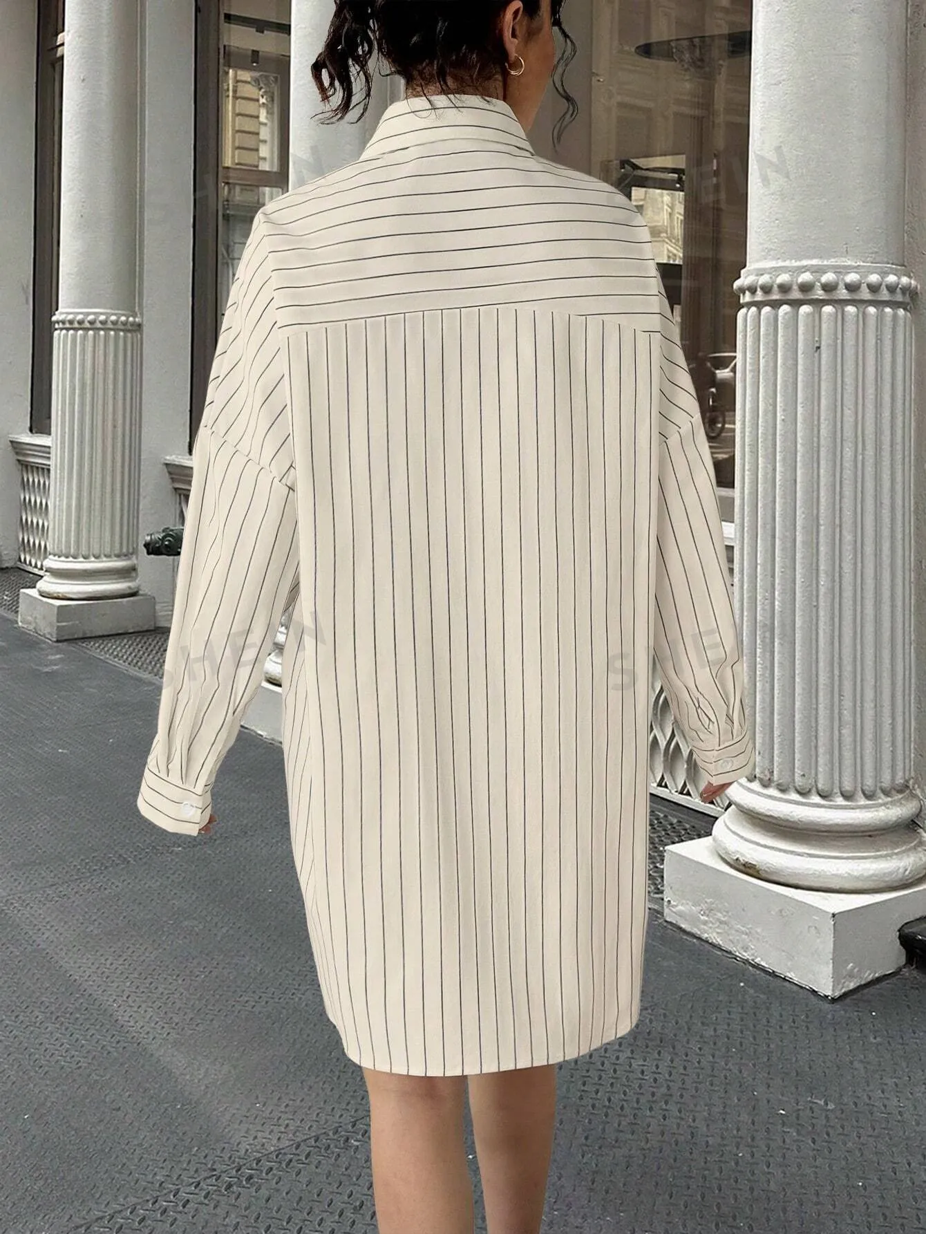 Essnce Casual Striped Dropped Shoulder Pocket Shirt Dress