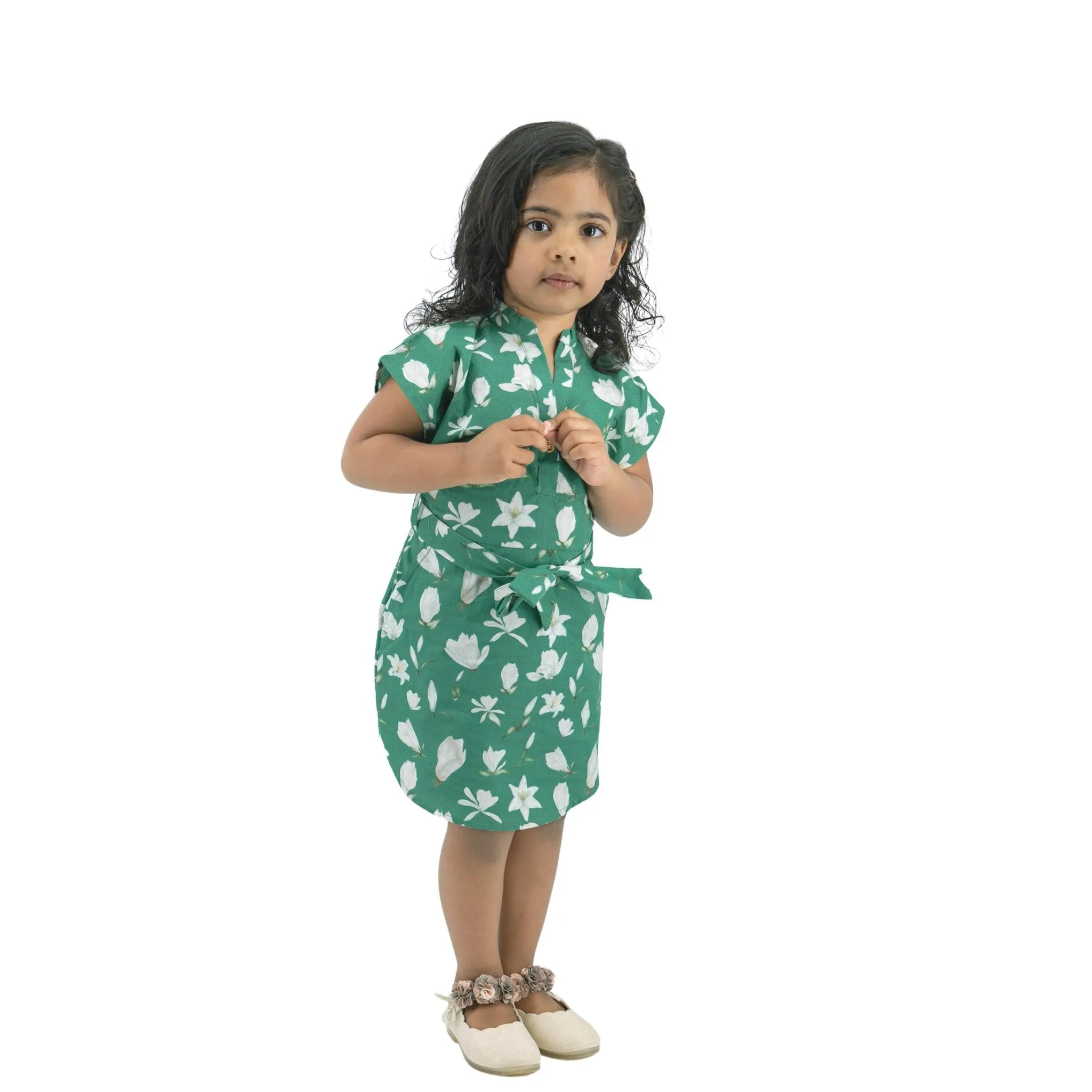 Ethically Made Charm: Bottle Green Lilly Blossom Cotton Shirt Dress
