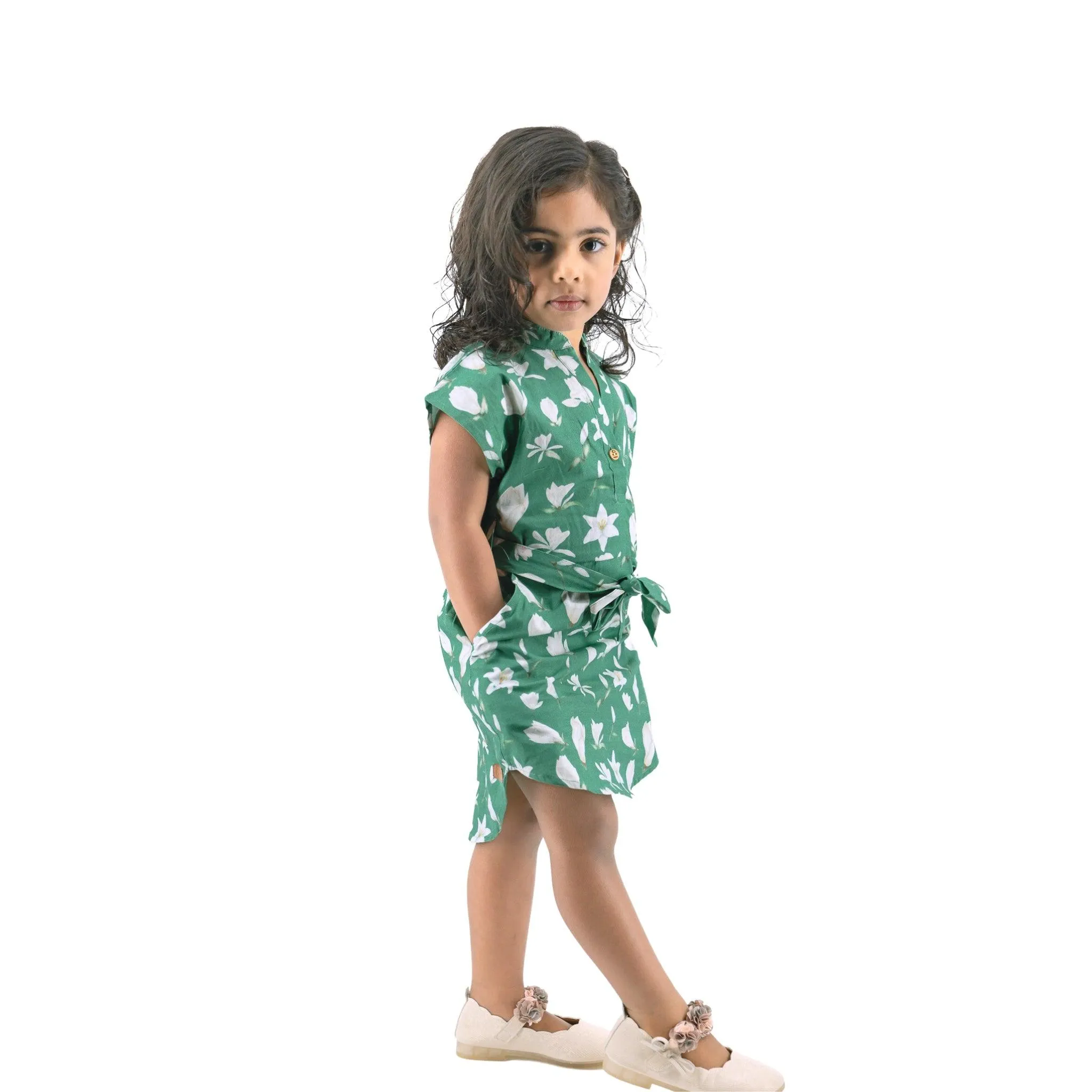 Ethically Made Charm: Bottle Green Lilly Blossom Cotton Shirt Dress