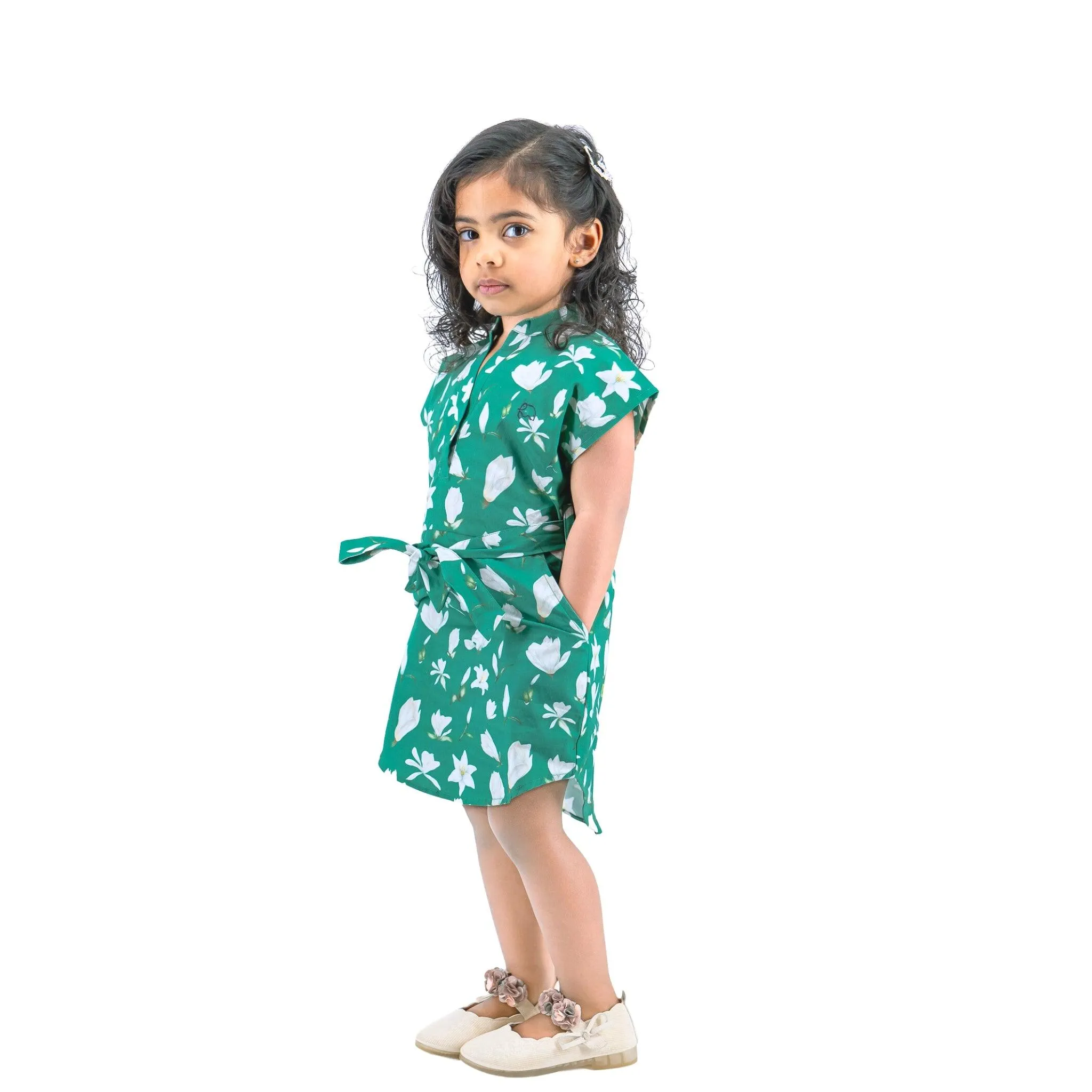 Ethically Made Charm: Bottle Green Lilly Blossom Cotton Shirt Dress
