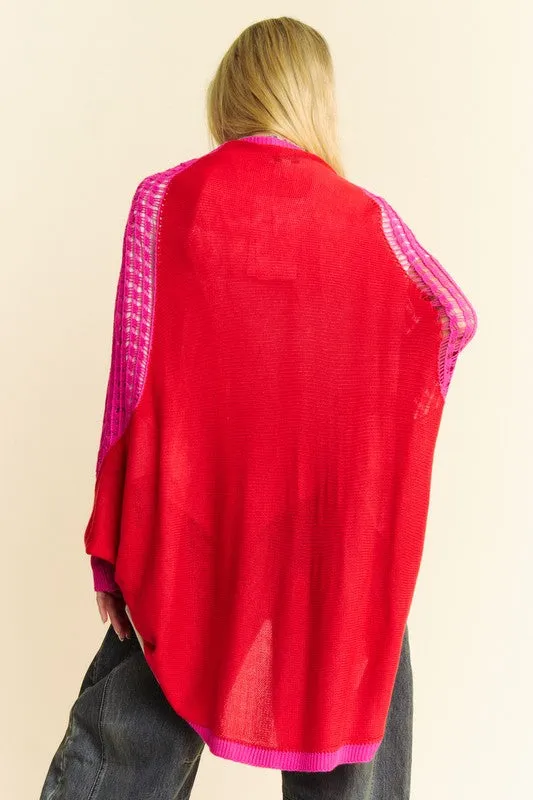 Explore More Collection - Davi & Dani Openwork Contrast Open Front Cardigan
