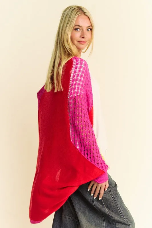 Explore More Collection - Davi & Dani Openwork Contrast Open Front Cardigan