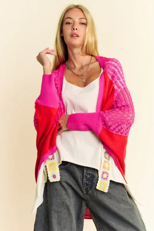 Explore More Collection - Davi & Dani Openwork Contrast Open Front Cardigan