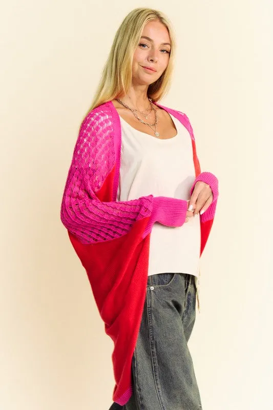 Explore More Collection - Davi & Dani Openwork Contrast Open Front Cardigan